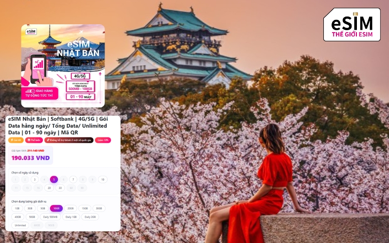 Thế giới eSIM cung cấp gói eSIM 10GB đi Nhật từ 5 đến 30 ngày chỉ từ 190.000đ.